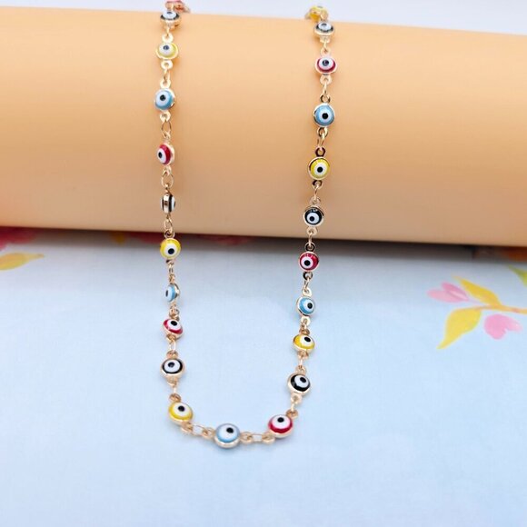 Colorful Evil Eye Rose Gold Necklace, 18 Inch, Gold Plated Brass, XPNL0102 - Picture 1 of 12